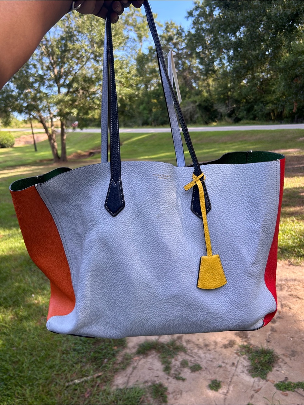 Tory Burch baby blue Pebbled Leather Tote with Orange, Red & Yellow Accents